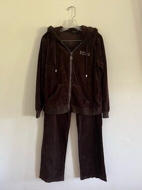 BCBGMAXAZRIA Brown Velour Sweatsuit Set Hoodie & Pants Women’s XL Regular